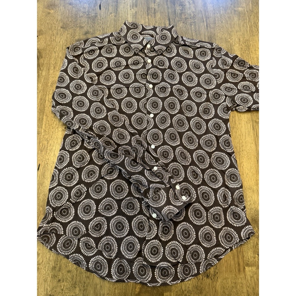Vince Men's Long Sleeve Button Down Sport Shirt Brown White Circle Medallion